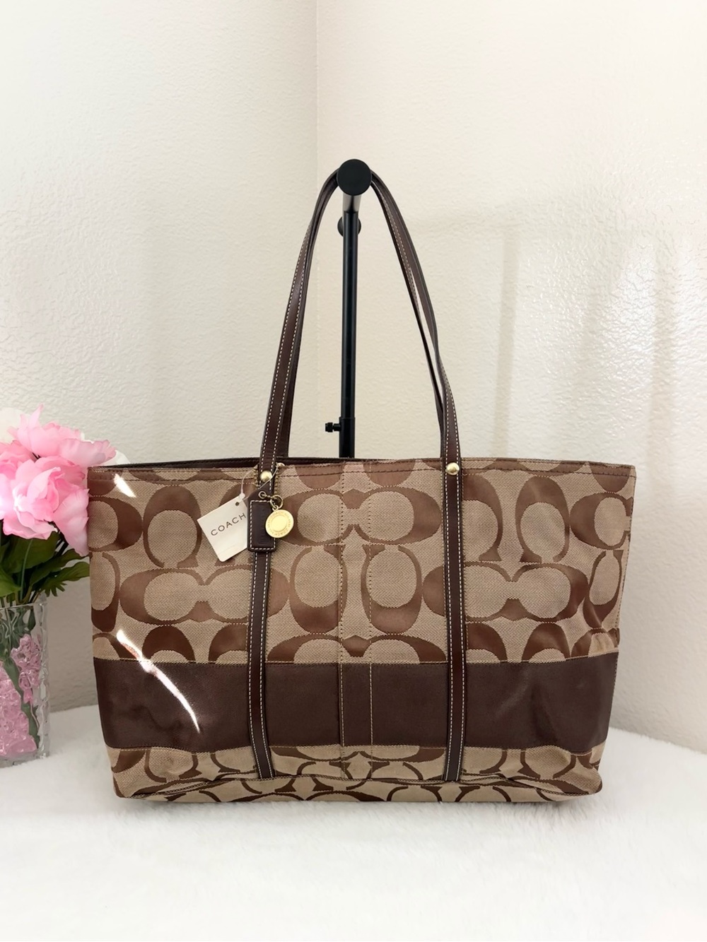 NWT Vintage Coach Brown Signature Strip Large Tote Bag
